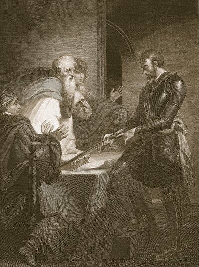 Jarl Warenne begrunder sine ejendomsrettigheder, graveret af J. Fittler, illustration fra David Humes "The History of England", udgivet af R. Bowyer, London, 1812. af Henry Tresham