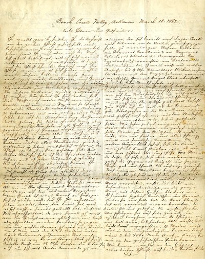 Brev signeret Henry [Henry Voelkner], Brush Creek Valley, Arkansas, til sine forældre, brødre og søstre, 18. marts 1862 af Henry Voelkner