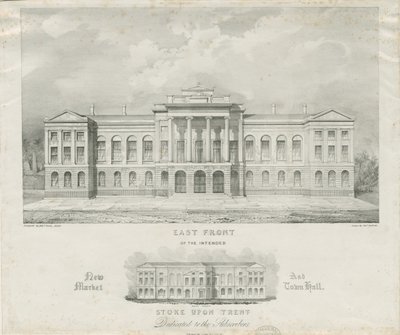 Stoke-upon-Trent - Påtænkt nyt marked og rådhus: litografi, nd [c 1834] af Henry Ward