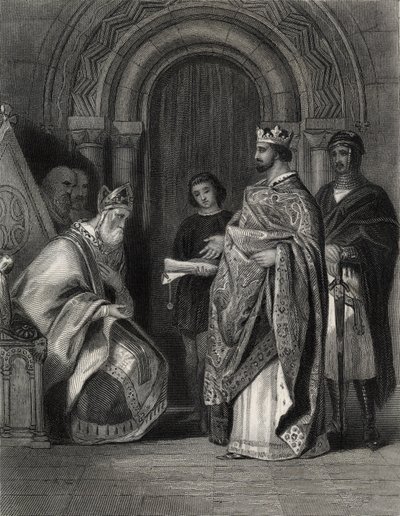 Henrik II præsenterer pavens tyr til ærkebiskoppen af Cashel, indgraveret af G. Greatbach af Henry Warren
