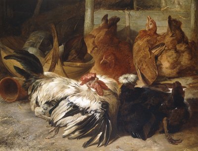 En sølvgrå rosecomb-hane og en hvid-kammet sort Polen med to sorte høns, af Henry Weekes