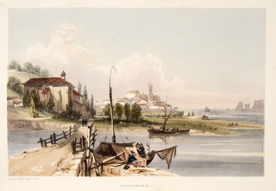 Fontarabia, med klostret og broen Capauchinos, fra Skitser af landskaber i de baskiske provinser i Spanien, med et udvalg af national musik ?, pub. 1838 (håndfarvet gravering) af Henry Wilkinson