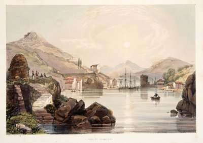 Port of Passages, fra Skitser af landskaber i de baskiske provinser i Spanien, med et udvalg af national musik ?, pub. 1838 (håndfarvet gravering) af Henry Wilkinson