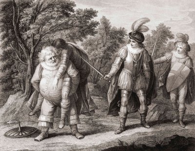 Falstaff med liget af Hotspur på ryggen. (Print) af Henry William (after) Bunbury