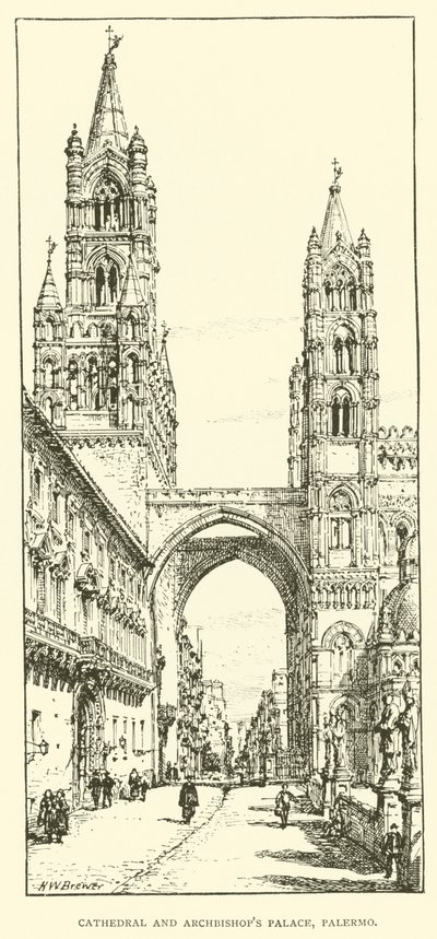 Katedralen og ærkebiskoppens palads, Palermo (gravering) af Henry William Brewer