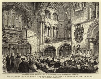 H R H prinsen af Wales ved genåbningen af North Transept af Church of St Bartholomew the Great, West Smithfield, af ærkebiskoppen af Canterbury af Henry William Brewer