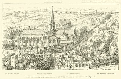 Old Broad Street og Austin Friars, London, St. Ignatius tid (gravering) af Henry William Brewer