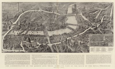 Højtideligholdelsen af dronningens lange regeringstid, fugleperspektiv af den kongelige processions rute af Henry William Brewer