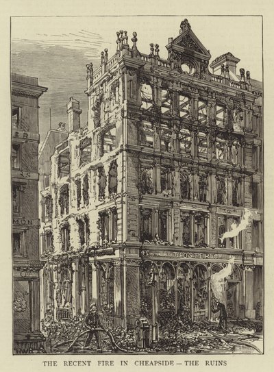Den seneste brand i Cheapside, ruinerne af Henry William Brewer