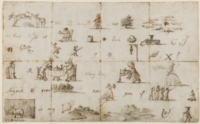 Piktogrambogstav (pen, blæk & wc på papir) af Henry William Bunbury