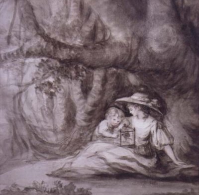 Siddende kvinde og barn med en fugl i bur, (tegning) af Henry William Bunbury