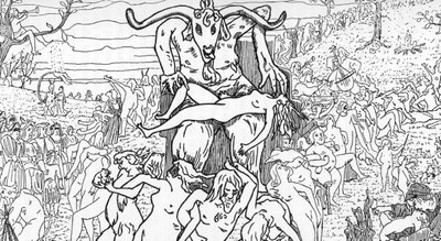 Repræsentation af en sabbatsscene samlet af hekse præsideret af satan, der giver anledning til orgier (sabbatssamling) Tegning af Henry de Malvost fra "Satanism and magic"" af Jules Bois 1895 Privat samling Â af Henry de Malvost