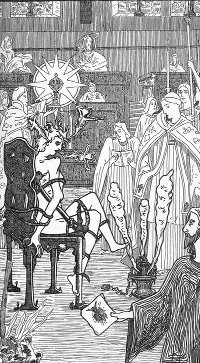 Repræsentation af en eksorcismeceremoni Tegning af Henry de Malvost fra "Satanism and Magic" af Jules Bois 1895 Privat samling af Henry de Malvost