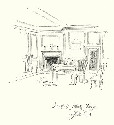 Dr. Johnsons stue i Bolt Court, London (litho) af Herbert (after) Railton