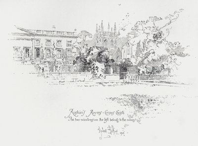 Den engelske kunstkritiker John Ruskins værelser på Corpus Christi College, Oxford (litho) af Herbert (after) Railton