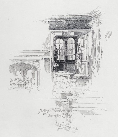 Den engelske digter Percy Bysshe Shelleys vinduessæde på University College, Oxford (litho) af Herbert (after) Railton