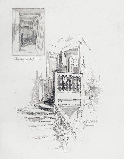 Den engelske forfatter Samuel Johnsons værelse og trappe, Pembroke College, Oxford (litho) af Herbert (after) Railton