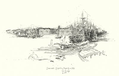 Greenwich Hospital og forsendelse, i 1749 (litho) af Herbert (after) Railton