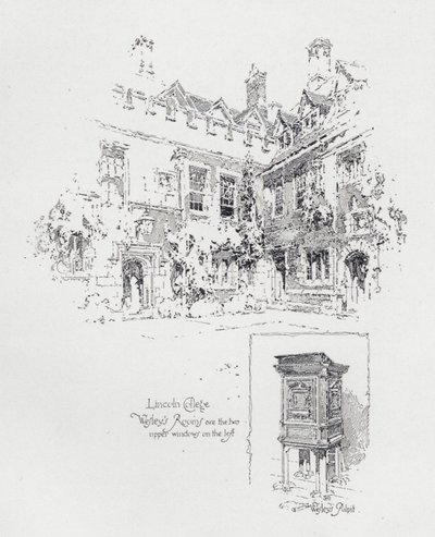 Prædikestol brugt af den engelske metodistprædikant John Wesleys og hans værelser på Lincoln College, Oxford (litho) af Herbert (after) Railton