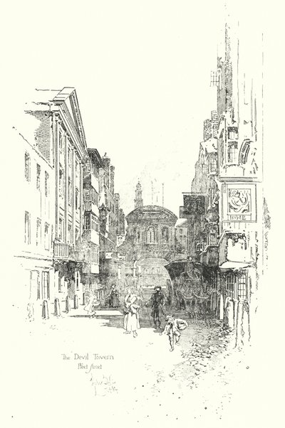 The Devil Tavern, Fleet Street, i Dr. Johnsons tid (litho) af Herbert (after) Railton