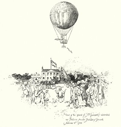 Udsigt over opstigningen af Mr. Lunardis Celebrated Air Balloon fra Artillery Ground af Herbert (after) Railton
