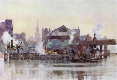 Charing Cross Station fra floden (farve litho) af Herbert Menzies (after) Marshall