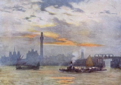 Solopgang ved Lambeth (farve litho) af Herbert Menzies (after) Marshall