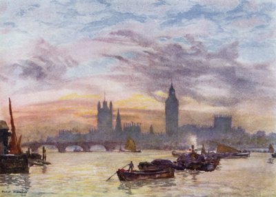 Westminster Towers (farve litho) af Herbert Menzies (after) Marshall