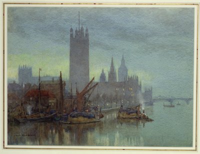 Twilight fra Lambeth Bridge (wc på papir) af Herbert Menzies Marshall