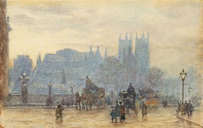 Westminster Abbey fra Westminster Bridge 1892 (akvarel) af Herbert Menzies Marshall