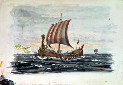 Vikingeskib (akvarel) af Herbert Oakes Jones