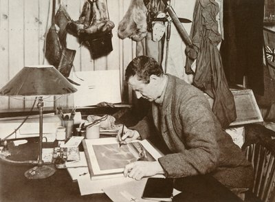 Dr. Wilson arbejder på skitsen, som er givet på s. 258, 1911, 1913 af Herbert Ponting