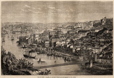Udsigt over Porto, tegning af Catenacci, til illustration af Olivier Mersons rejse til Portugals nordlige provinser i 1857. Indgravering i "" Le tour du monde"" 1861. Selvas samling. af Hercule (after) Catenacci