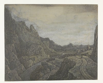 Klippelandskab med en vej og en flod af Hercules Segers
