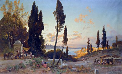 Vue du Bosphore a Constantinople - Peinture de Hermann David Salomon Corrodi (1844-1905), orientalisme - Udsigt over Bosporus, Konstantinopel - Olie på lærred af Hermann David Salomon Corrodi (1844-1905) - 100x166,5 cm - Privat samling af Herman David Salomon Corrodi