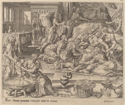 Pharez og Zaras fødsel af Herman Jansz Muller after Maerten van Heemskerck