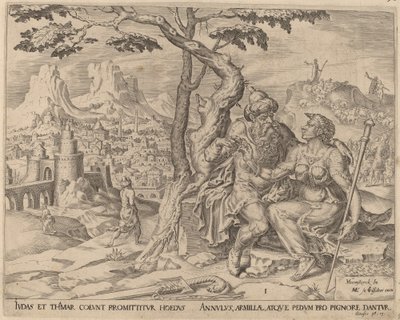 Juda giver Tamar løftet af Herman Jansz Muller after Maerten van Heemskerck