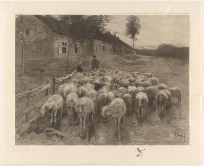 Hyrde og en kvinde med en flok får af Herman Johannes van der Weele (signed by artist)