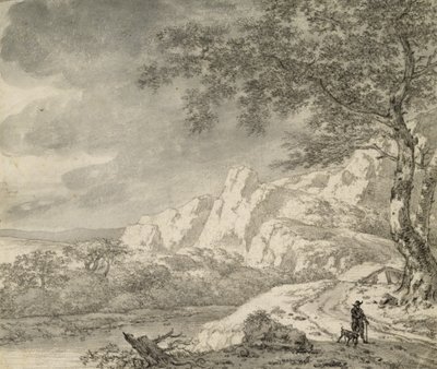 Bjerget landskab med en vandrer (kridt og indisk blæk på papir) af Herman Nauwincz