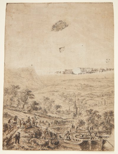Panoramisk landskab med bønder, fiskere og en landsbykirke af Herman Saftleven