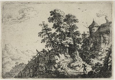 Rejsende på snoet vej, fra Six Landscapes af Herman Saftleven