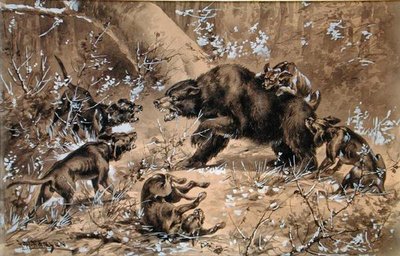 Bear Hunt (akvarel og kinesisk hvid på papir) af Herman Wendleborg Hansen
