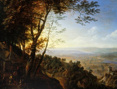 Et skovklædt landskab med bønder ved et sommerhus (olie på panel) af Herman the Younger Saftleven