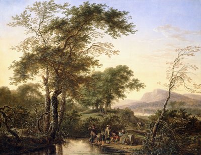 Et omfattende italiensk flodlandskab med rejsende ved en pool, 1646 af Herman the Younger Saftleven