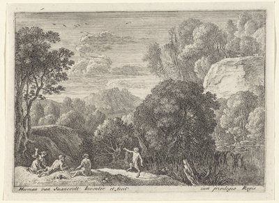 dansende satyr Landskaber med satyrer (serietitel) af Herman van Swanevelt