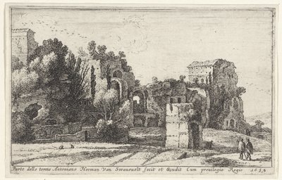 Udsigt over Caracalla-badene Parte delle terme Antoniano (titel på objekt) Titelside og tolv visninger af Rom og dets omgivelser (serietitel) Diverse veuës dedans et dehors de Rome (serietitel) af Herman van Swanevelt
