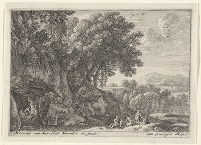 Satyrer omkring bålet i en hule Landskaber med satyrer (serietitel) af Herman van Swanevelt