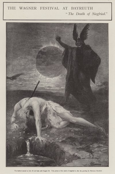 Wagner-festivalen i Bayreuth: Siegrfrieds død (litho) af Hermann (after) Hendrich
