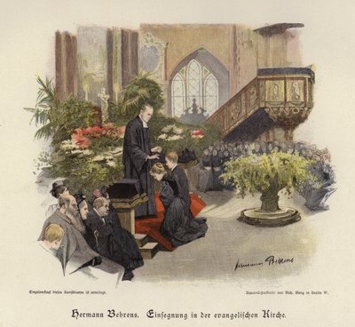 Konfirmationsgudstjeneste i en evangelisk kirke (farvet indgravering) af Hermann Behrens