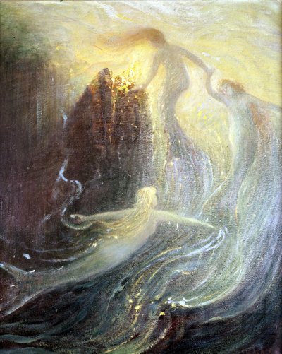 Set til operaen "Les filles du Rhine"" af Richard Wagner, skabt i 1869: maleri af Herman Hendrich. Wagner Museum Bayreuth. af Hermann Hendrich